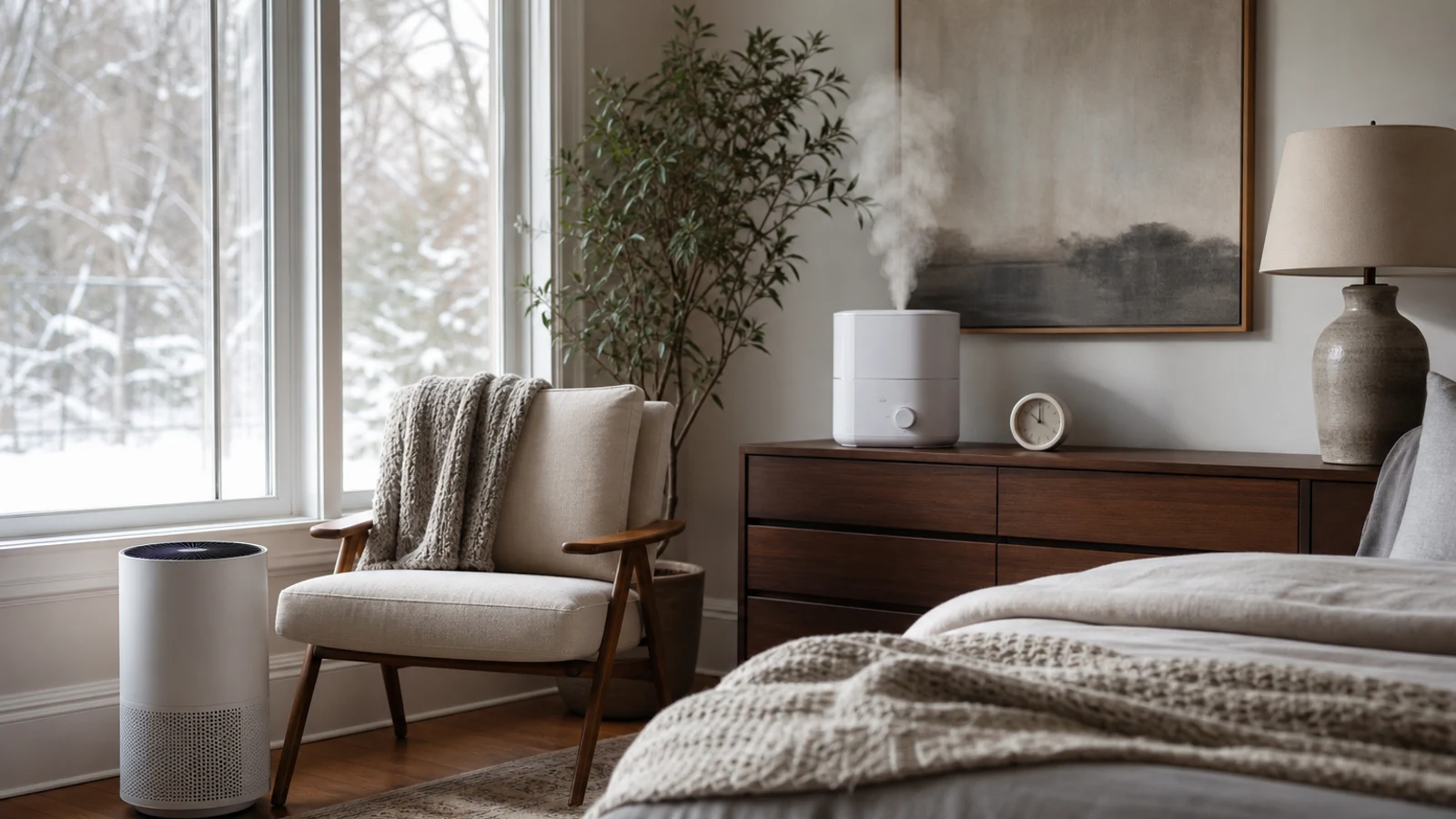 Air purifier and humidifier on opposite sides of a bright bedroom with a small hygrometer on a nightstand