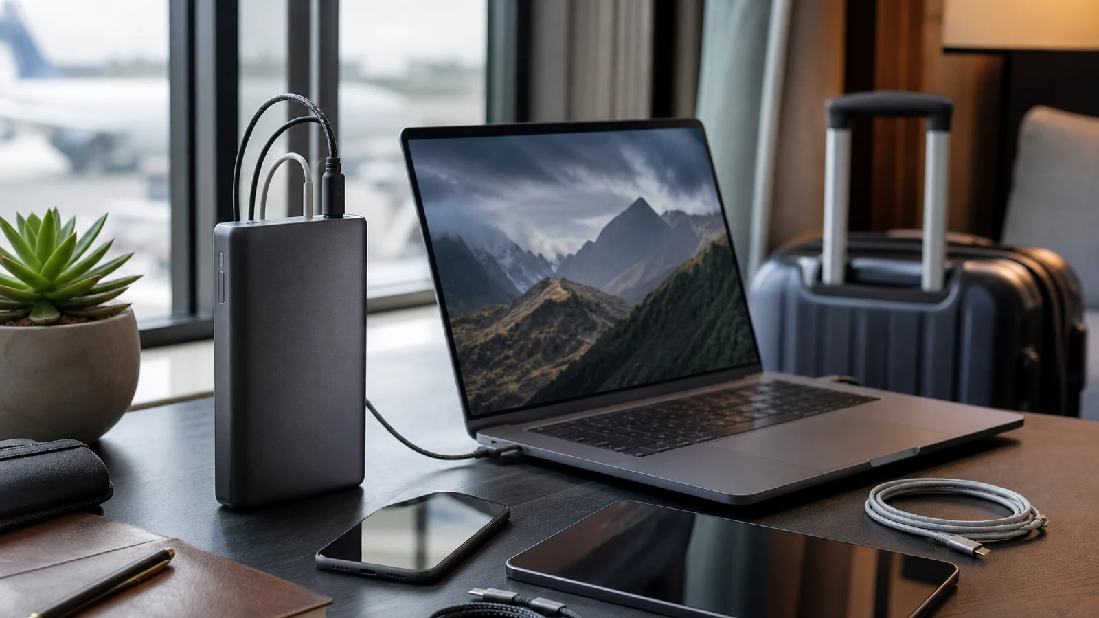 Anker Prime power bank beside a laptop, phone and travel charger on a work desk
