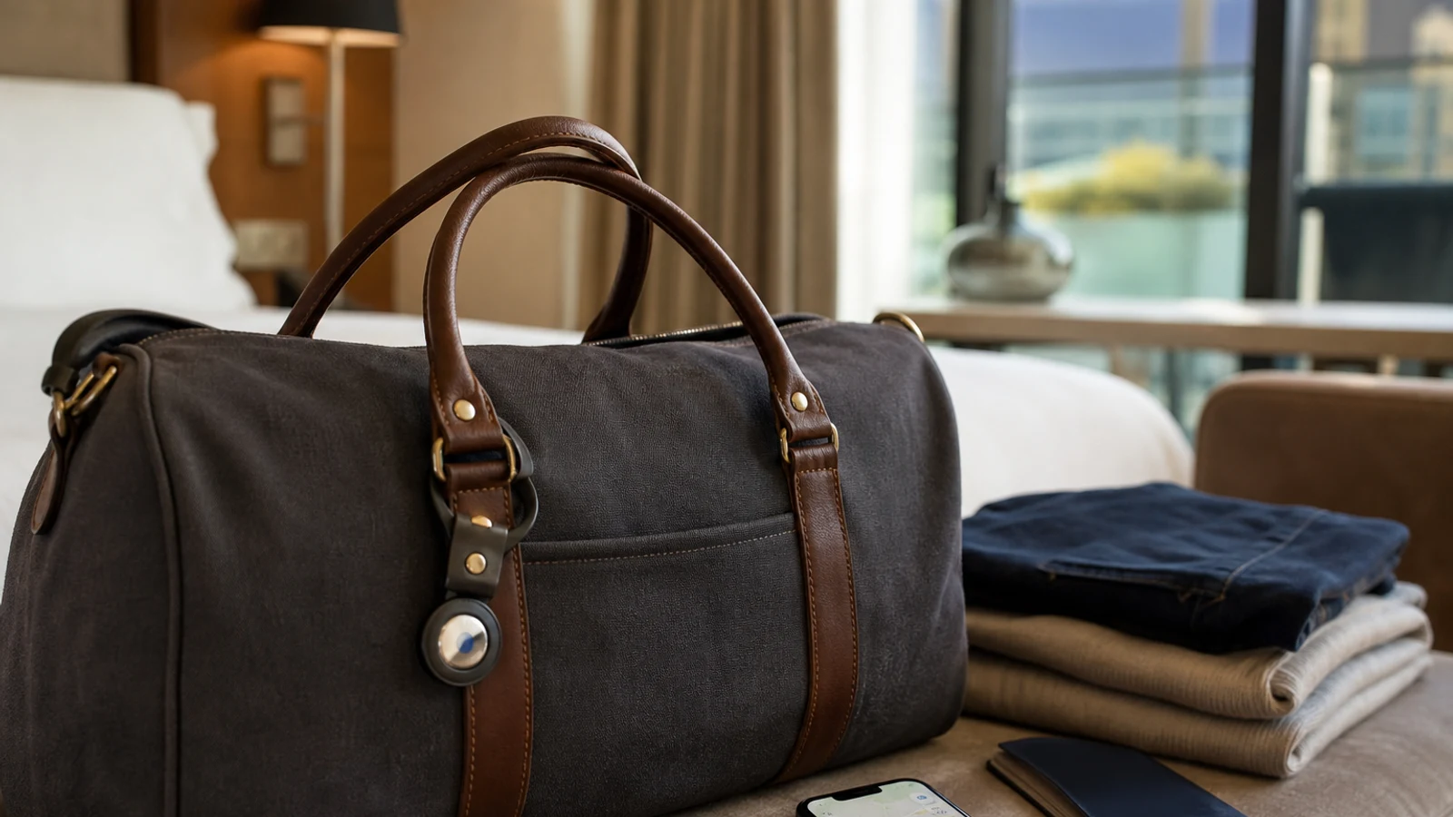 Apple AirTag attached to a travel bag beside a smartphone showing a lost luggage location