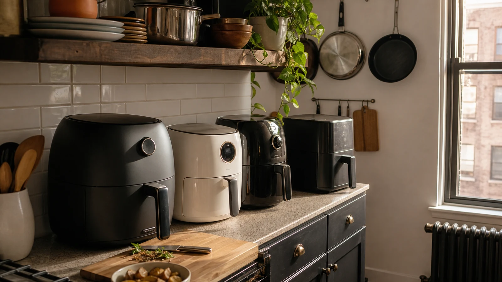 Compact air fryers arranged on a narrow kitchen counter beside a cutting board and a small bowl of crispy vegetables