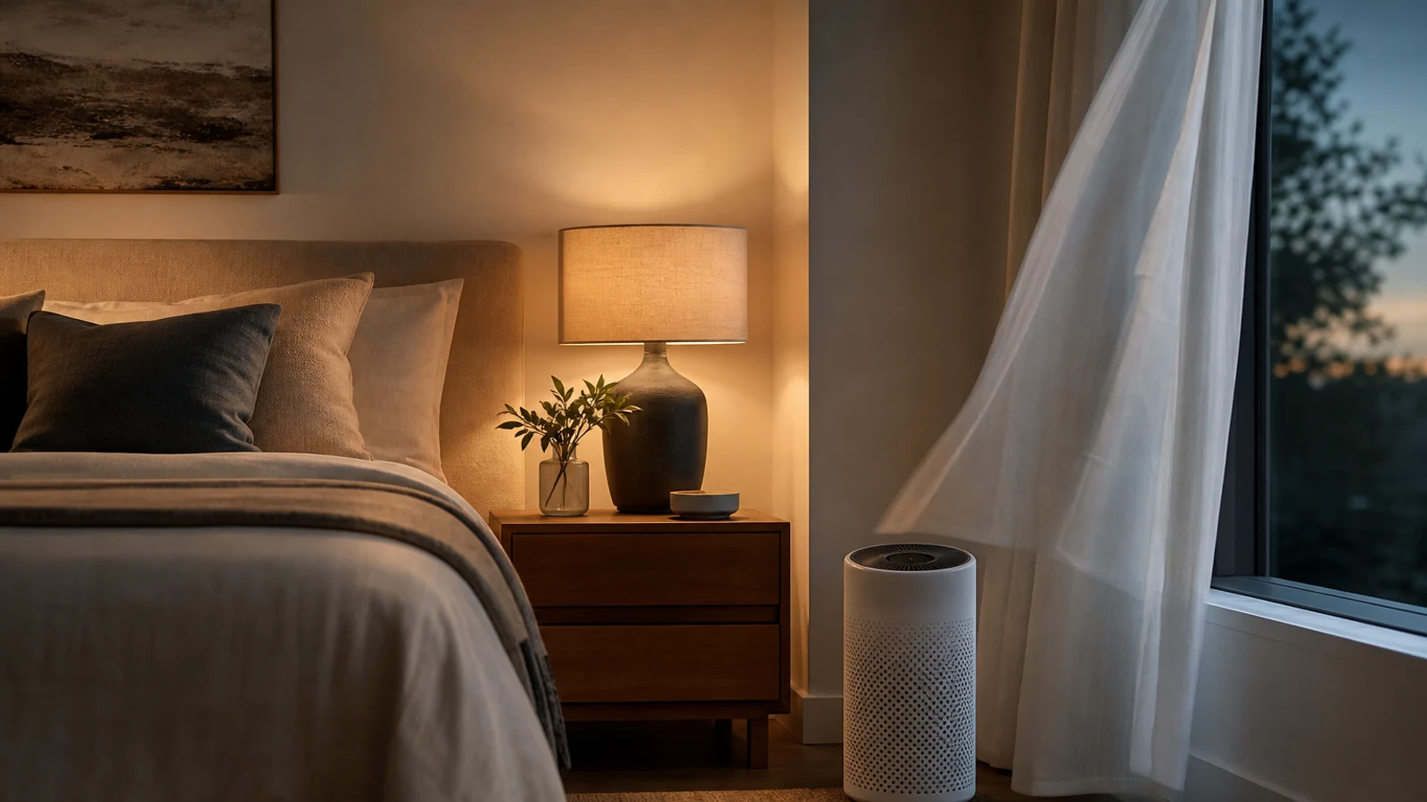 Quiet air purifier operating beside a neatly made bed in a softly lit modern bedroom