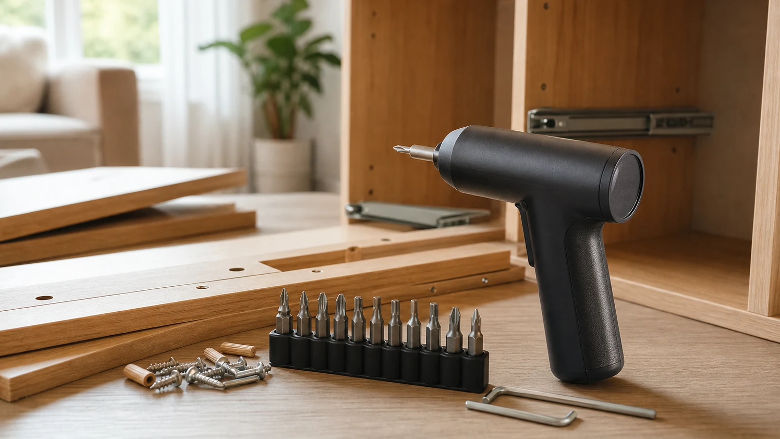 A compact electric screwdriver, bits and partially assembled furniture on a bright home workshop table