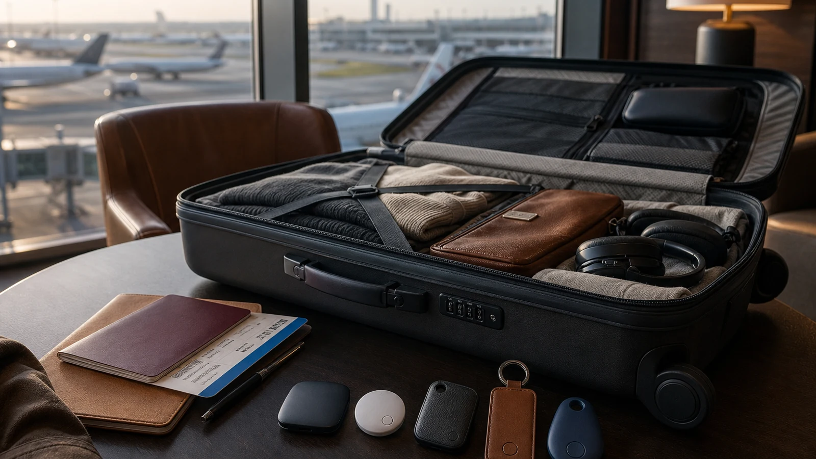 Five compact luggage trackers arranged beside a packed suitcase and passport on an airport lounge table