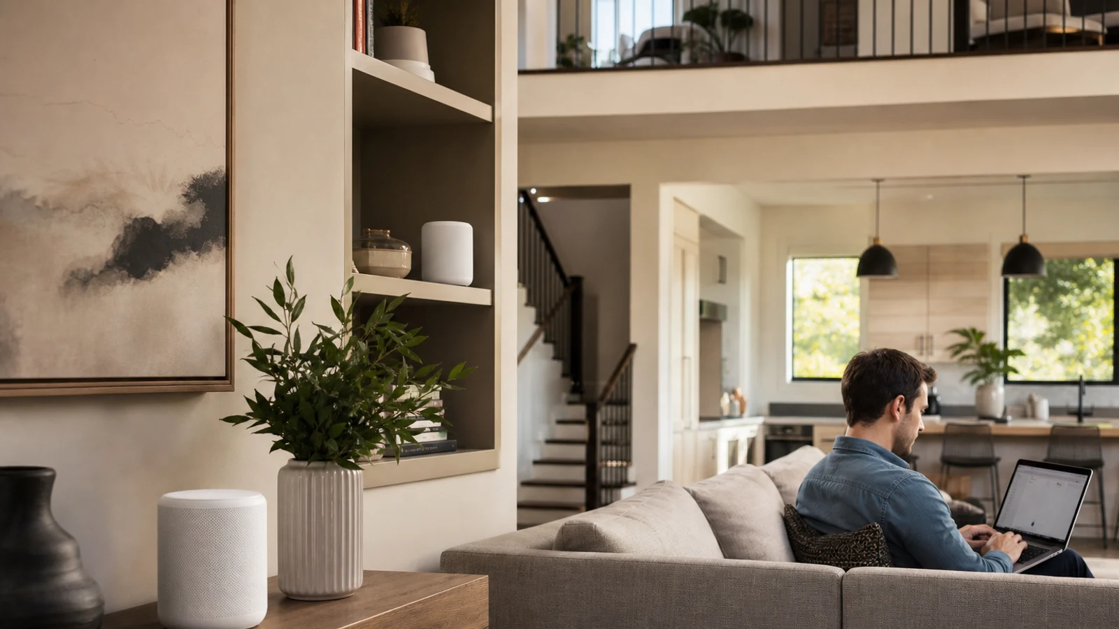 White mesh Wi-Fi nodes arranged through a modern multi-level home with a laptop and smart devices connected