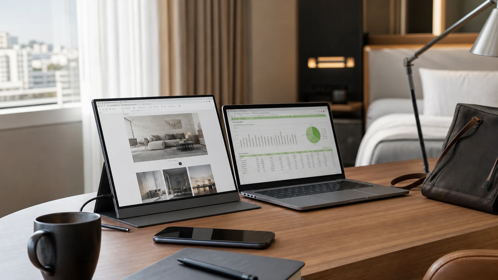 Portable monitor beside a laptop on a compact travel workspace
