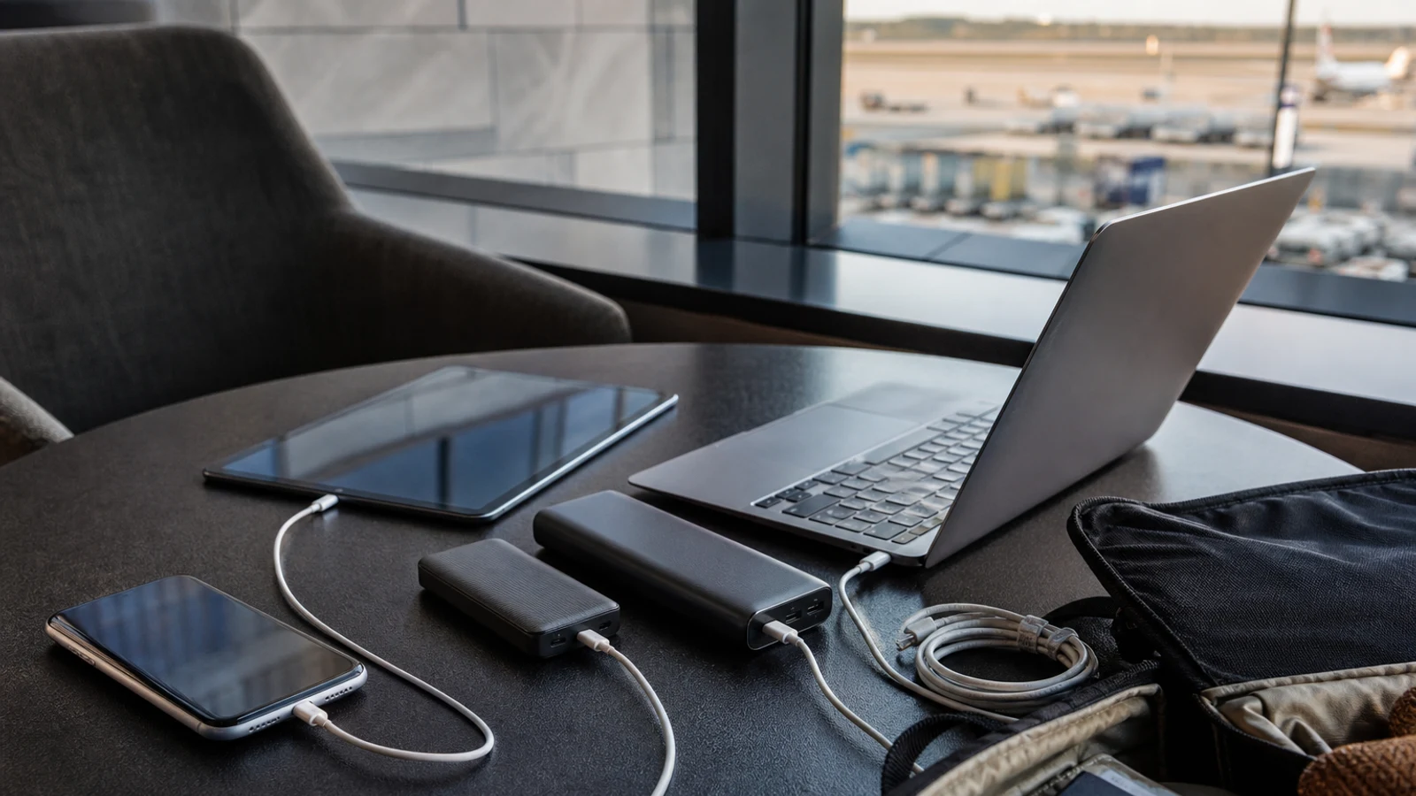 Compact travel power banks charging a phone, tablet, and laptop beside a carry-on bag