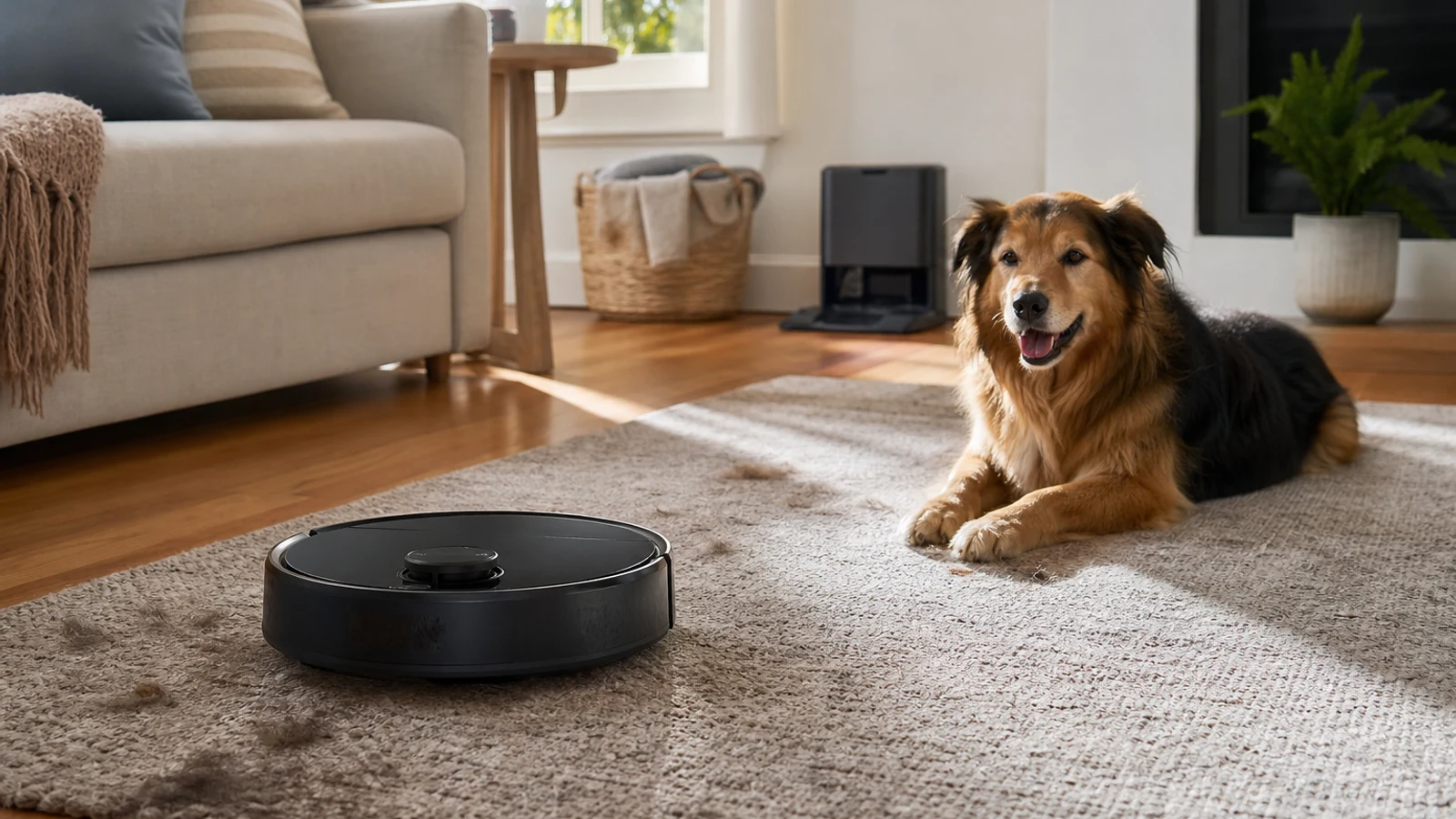 Robot vacuum collecting pet hair beside a sleeping dog in a bright living room
