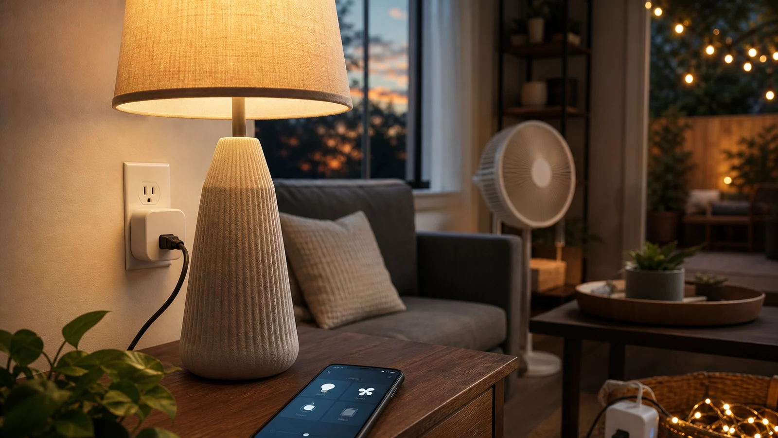 Seven smart plugs arranged beside a lamp, fan, outdoor string lights, and a smartphone in a modern home