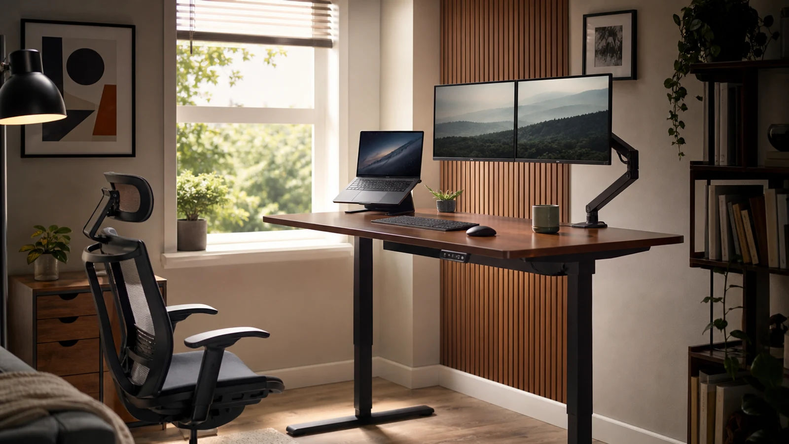 Height-adjustable standing desk in a bright home office with dual monitors, laptop and neatly managed cables