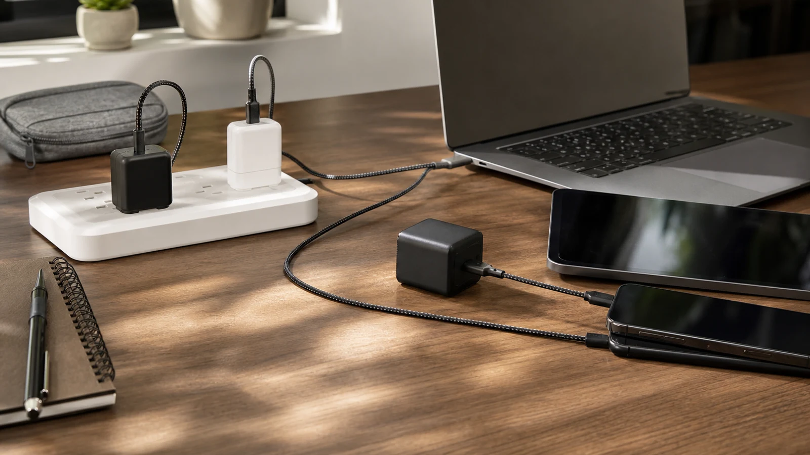 A selection of compact USB-C chargers powering a phone, tablet and laptop on a modern desk