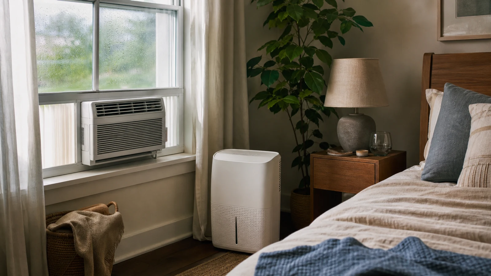 A modern bedroom with a portable dehumidifier beside an air conditioner as sunlight reveals a calm, dry interior