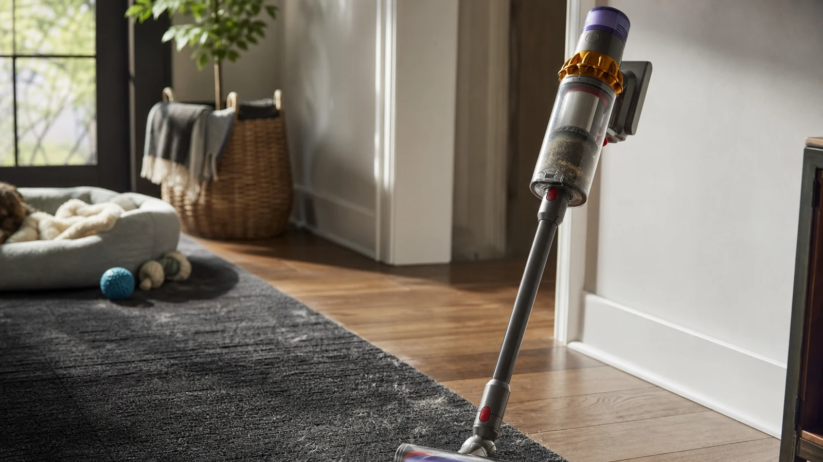 Dyson V15 Detect cordless vacuum cleaning fine dust and pet hair from a modern home floor