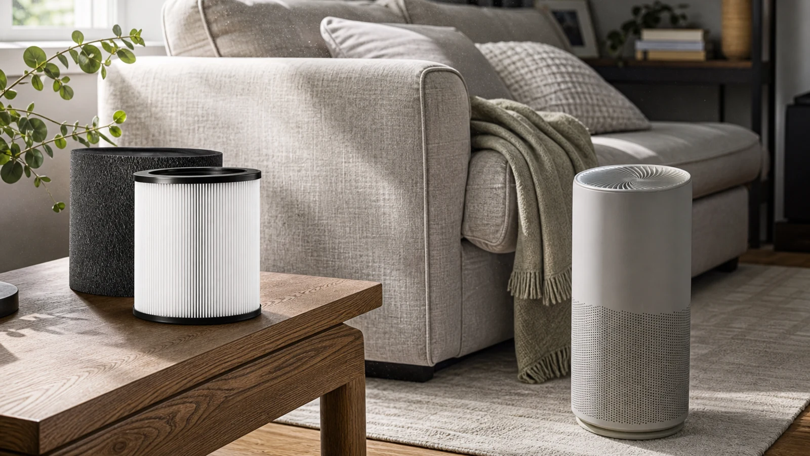 A modern living room with a compact air purifier beside a sofa, visible dust motes illuminated by window light and a replacement filter showing white pleats beside a dark carbon layer