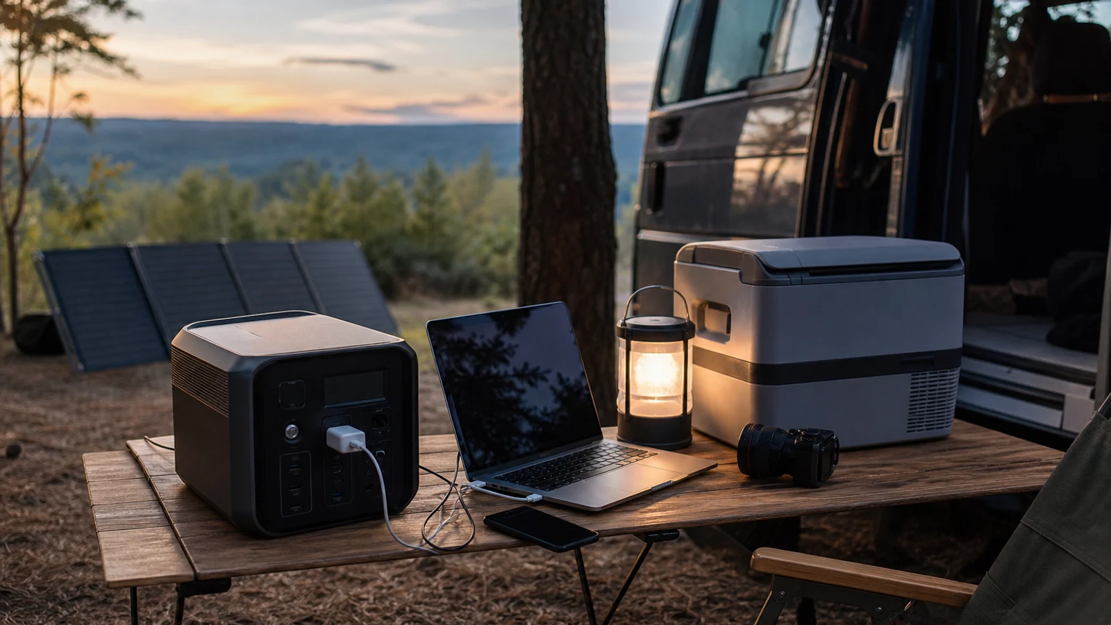 Portable power station beside camping gear and a laptop on a wooden table outdoors
