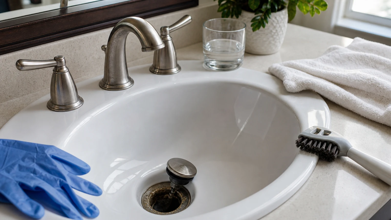 A realistic bathroom sink with a drain cover lifted to reveal dark organic buildup, with a cleaning brush and clear monitoring cup nearby