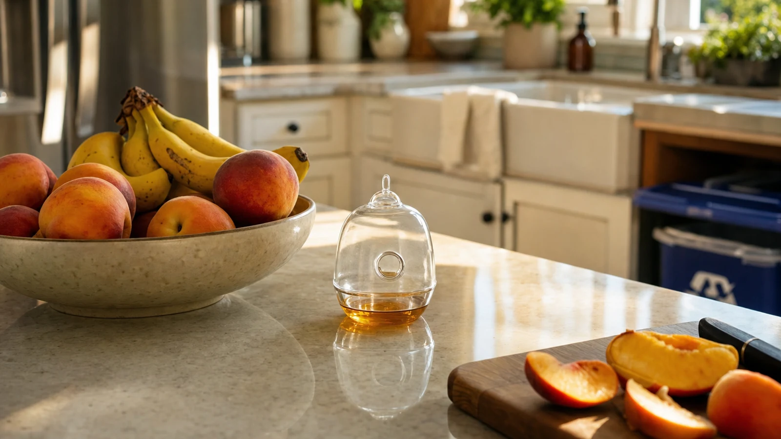 A clean kitchen counter with a small fruit fly trap beside a bowl of ripe fruit and a freshly cleaned sink