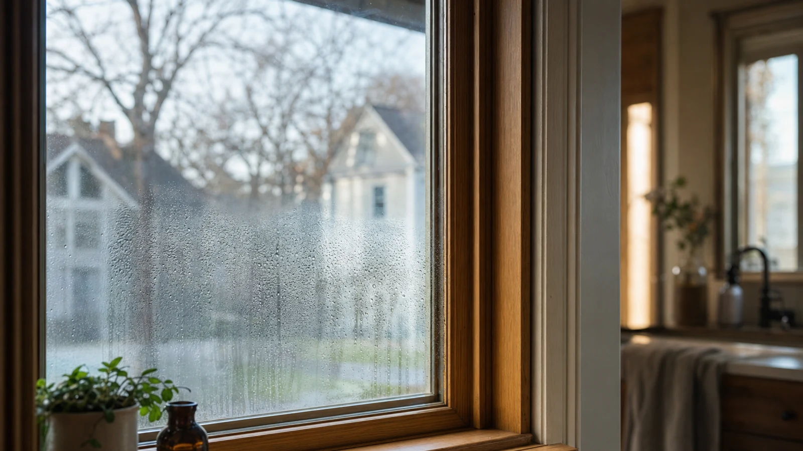 Morning condensation beading on a residential window beside a dry wooden sill and softly lit living room