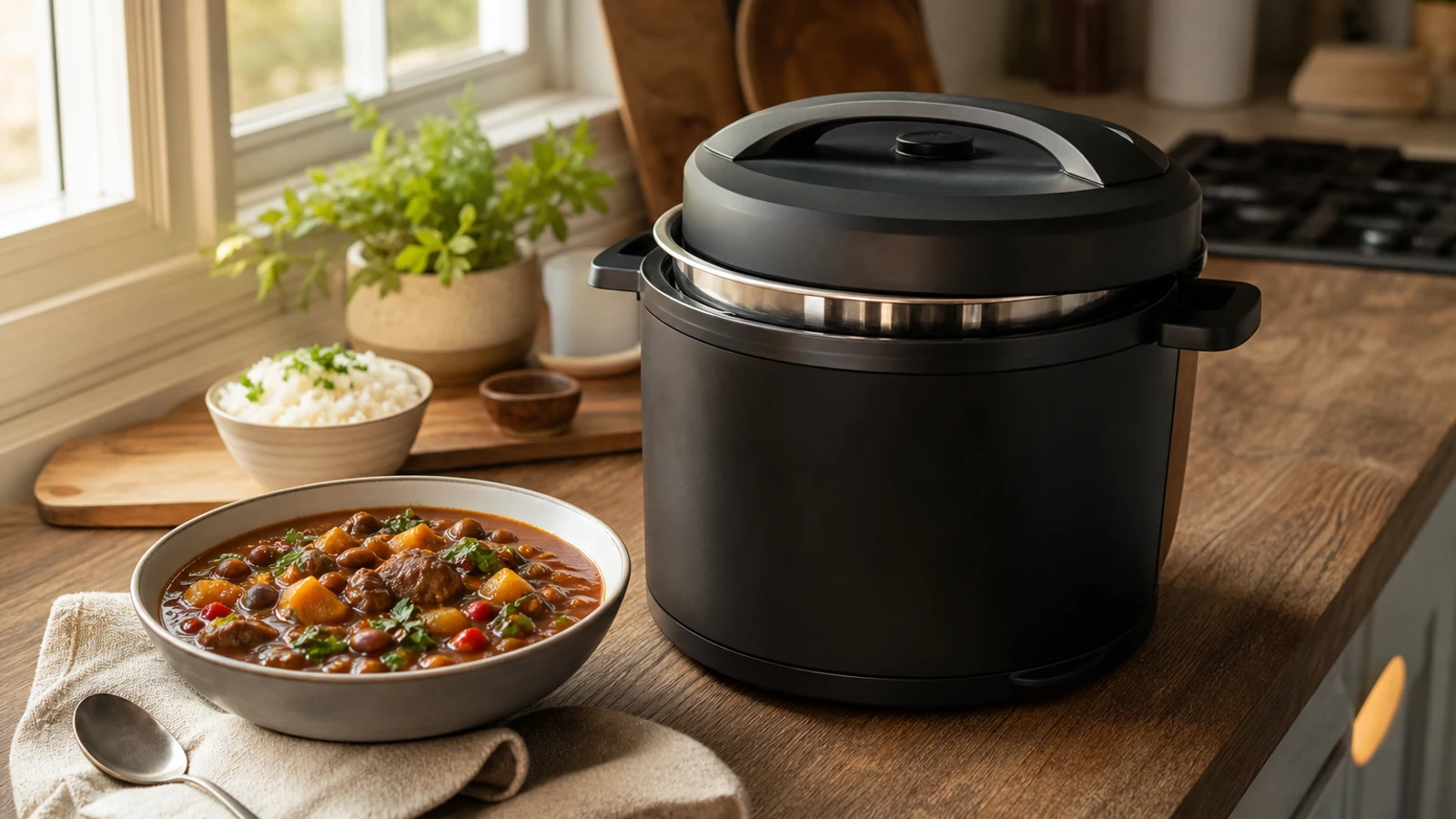Instant Pot Pro multicooker on a kitchen counter beside a bowl of stew, rice and prepared vegetables