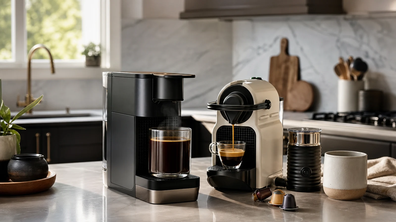 Keurig and Nespresso coffee makers with contrasting coffee cups on a bright kitchen counter