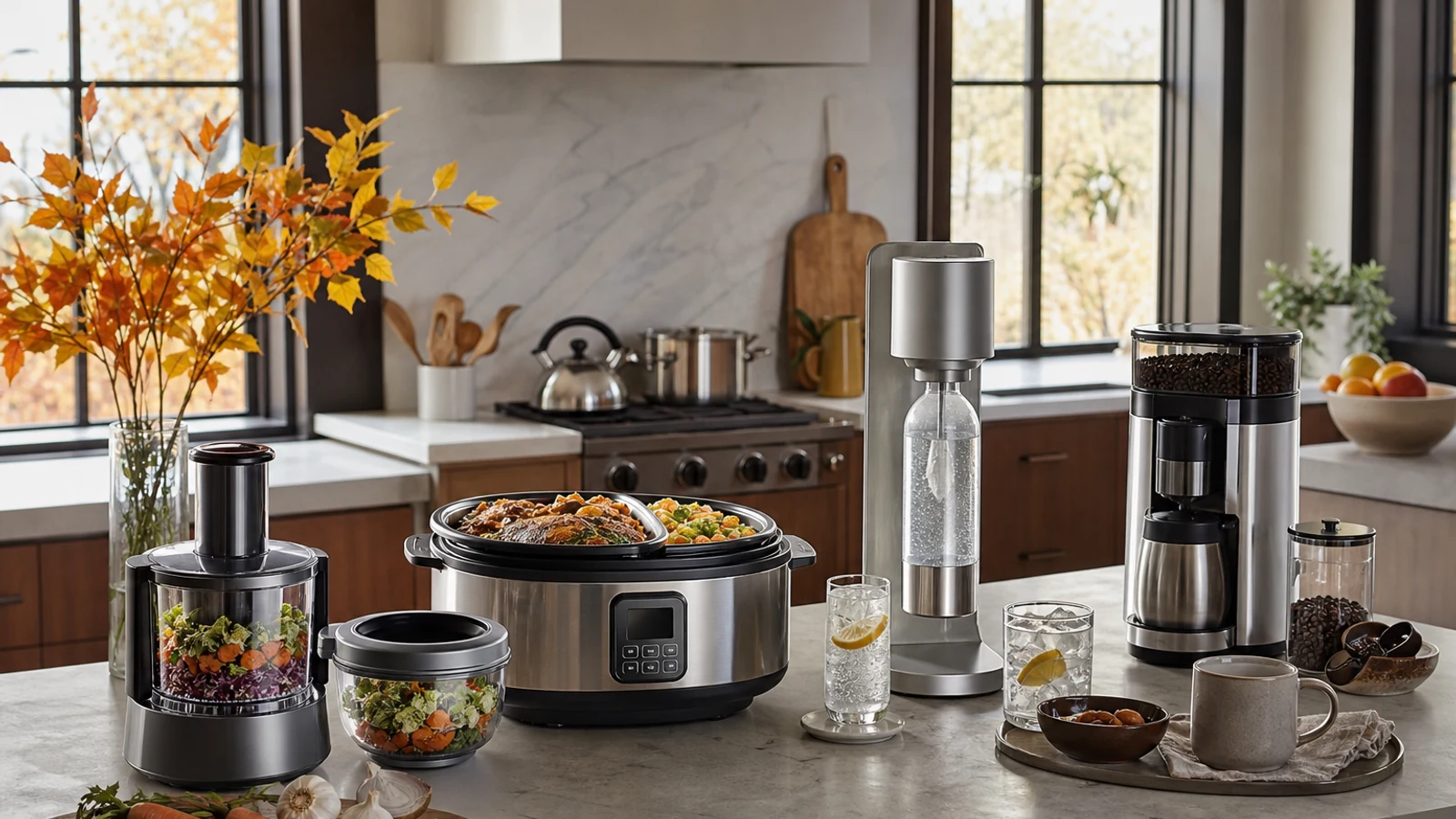 New countertop kitchen appliances arranged on a bright home kitchen island