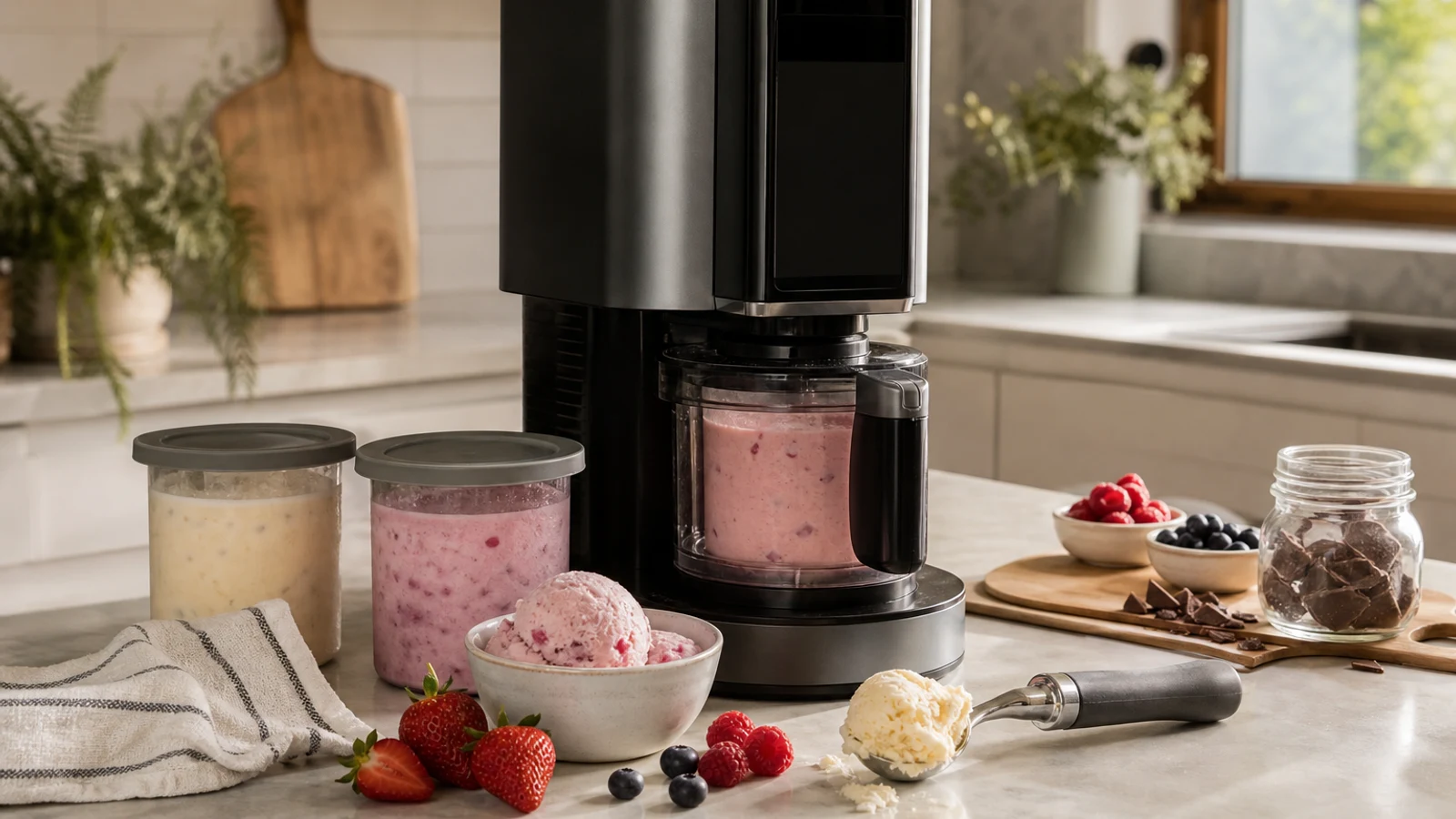Ninja CREAMi ice cream maker beside prepared frozen dessert pints on a bright kitchen counter