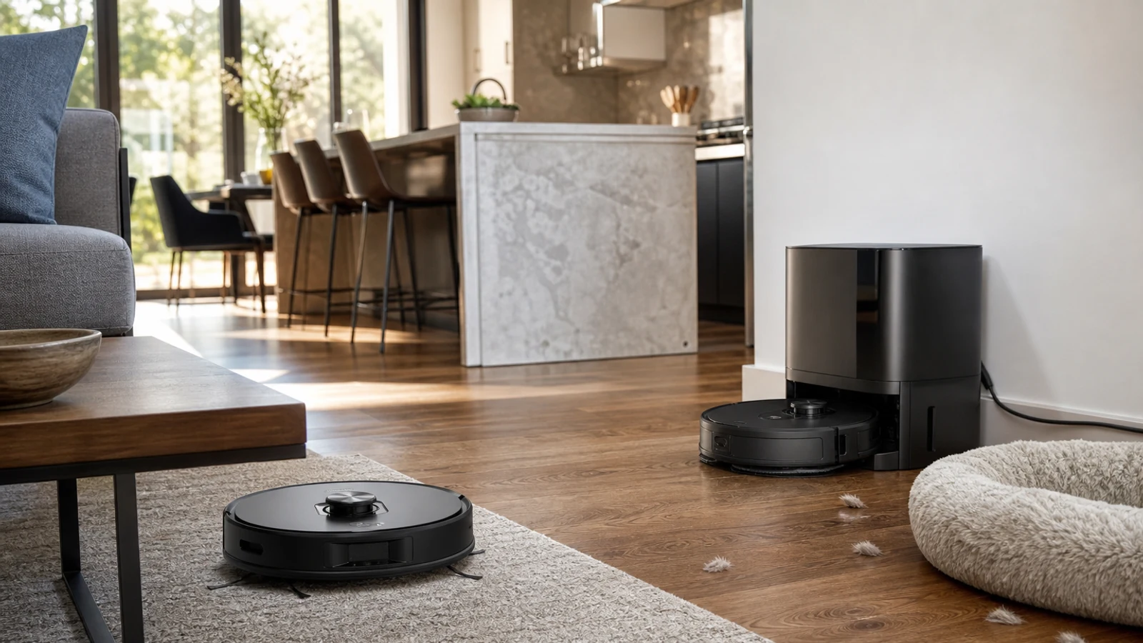 Roborock and iRobot robot vacuums positioned in a modern home with mixed flooring and pet-hair cleanup needs