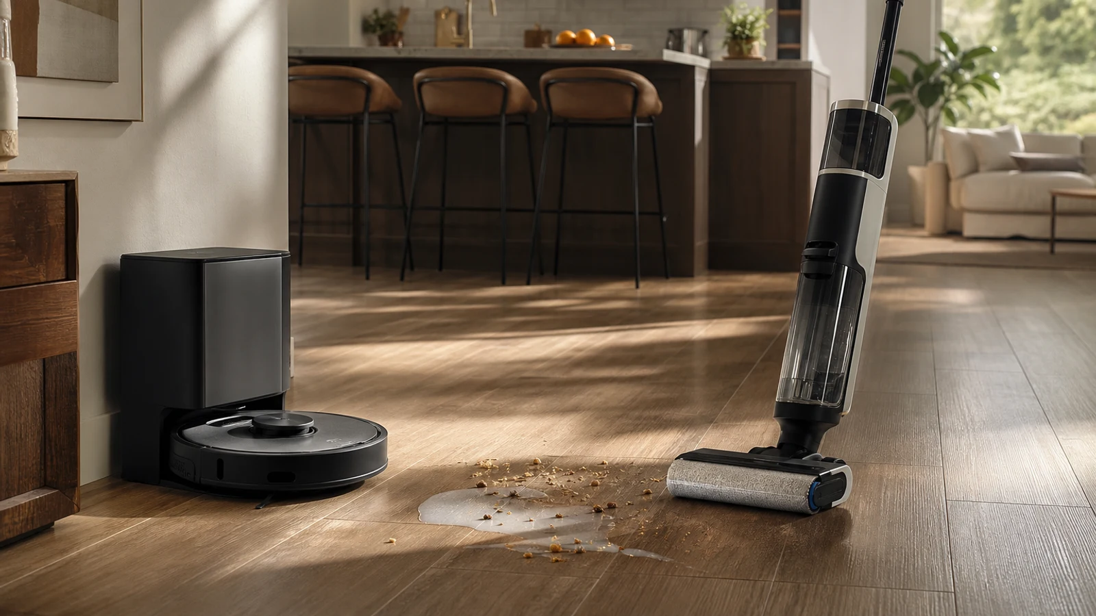 Robot vacuum and cordless wet-dry floor washer in a bright kitchen with crumbs and a small spill on the floor